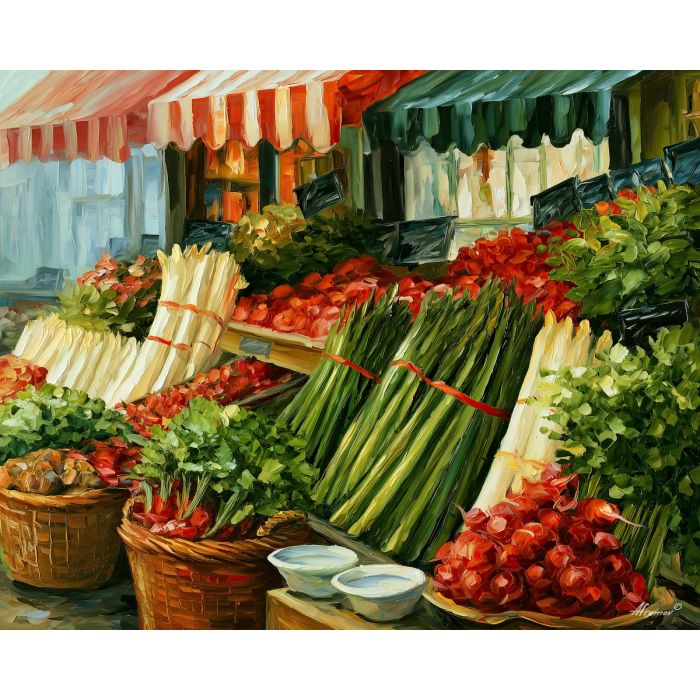 German asparagus painting, spring market art, Germany food decor, Afremov style oil painting, palette knife market still life, vegetable wall art, colorful kitchen painting, German cuisine artwork, farmers market decor, culinary art