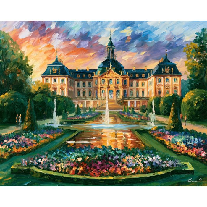 Wurzburg painting, Germany garden art, Baroque garden wall decor, Afremov style oil painting, palette knife architecture, formal garden artwork, colorful European painting, German palace decor, travel wall art, floral landscape painting