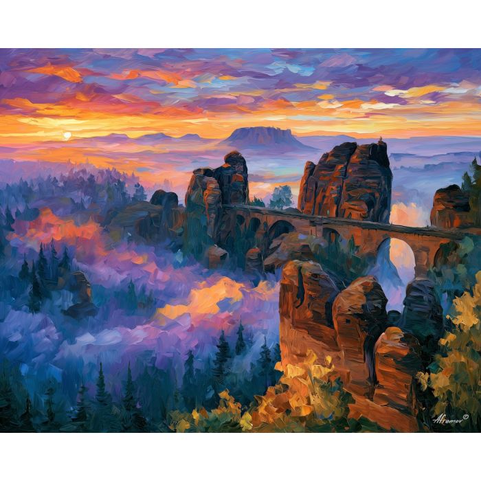 Saxon Switzerland painting, Germany landscape art, sandstone mountain decor, Afremov style oil painting, palette knife nature artwork, German national park painting, misty forest art, colorful mountain wall decor, travel landscape, dramatic nature painting
