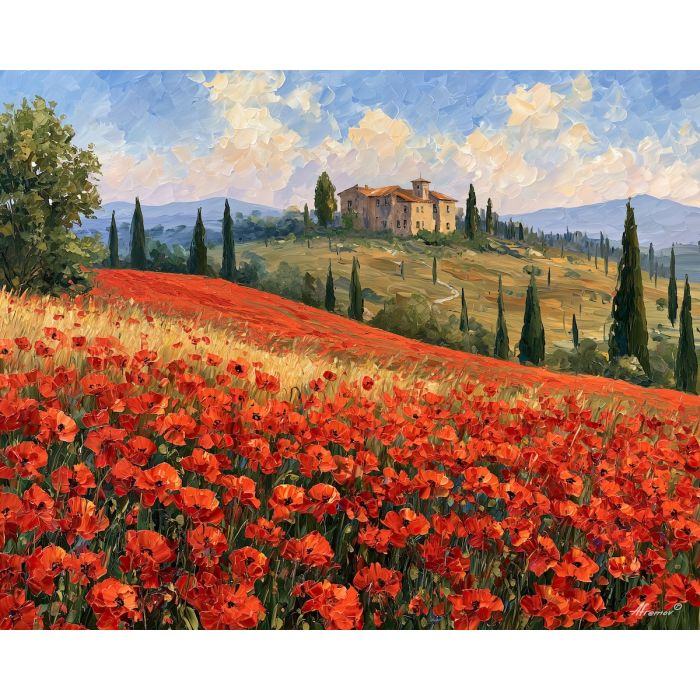 Tuscany painting, Italian poppy art, Italy countryside decor, Afremov style oil painting, palette knife landscape, red poppy wall art, Tuscan landscape painting, colorful Italy artwork, Mediterranean decor, floral countryside art