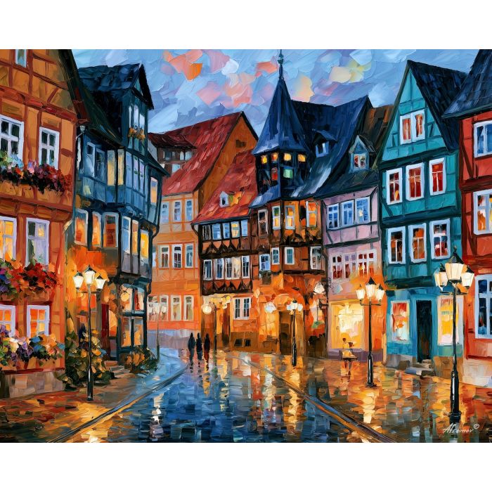Quedlinburg painting, Germany half timbered art, historic square decor, Afremov style oil painting, palette knife cityscape, colorful German houses, medieval town artwork, European travel decor, German heritage art, village wall painting