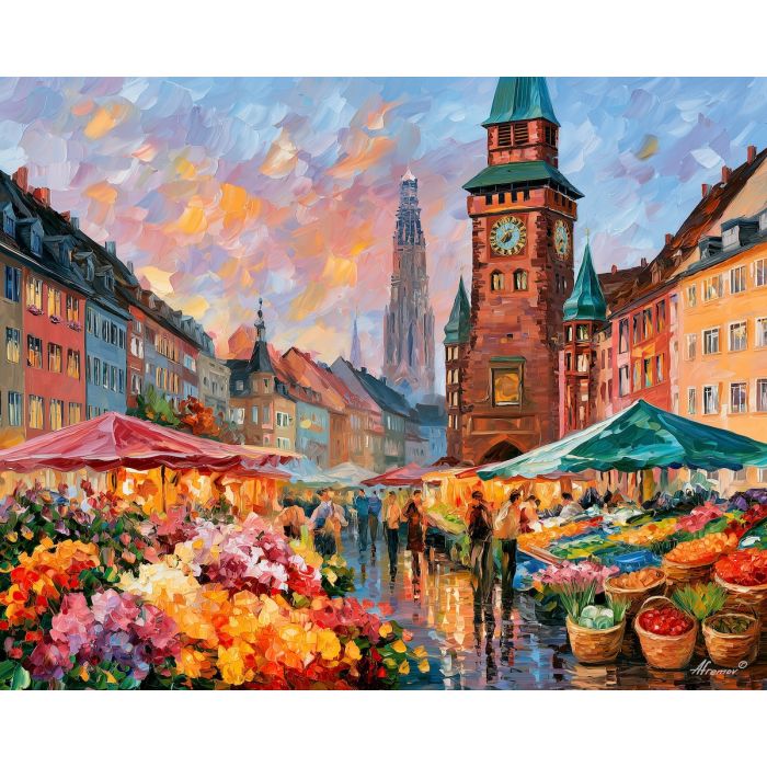 Freiburg painting, German market art, Germany city decor, Afremov style oil painting, palette knife market scene, colorful flower market artwork, European travel painting, historic square art, German culture wall decor, lively city painting