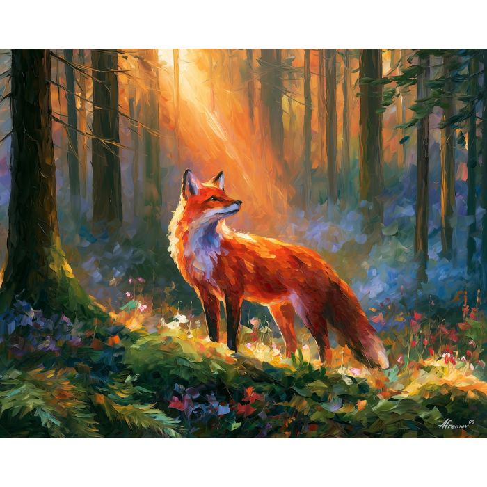 German fox painting, Germany wildlife art, forest animal wall decor, Afremov style oil painting, palette knife wildlife artwork, colorful fox art, woodland painting, European nature decor, forest wall art, Germany landscape painting