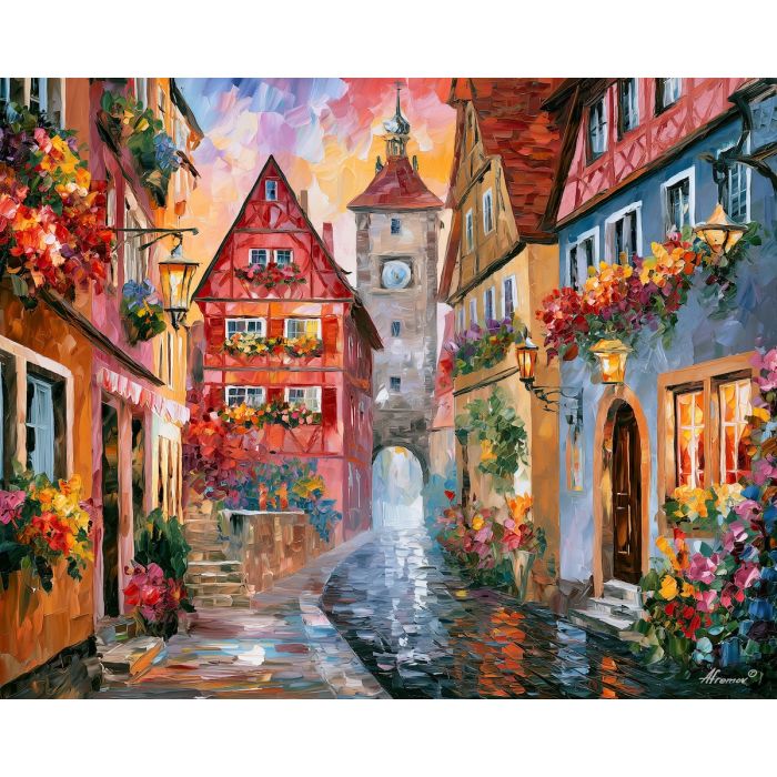 Rothenburg painting, Germany medieval town art, flower window decor, Afremov style oil painting, half timbered house artwork, palette knife street painting, colorful Germany wall art, European village decor, travel art, German architecture painting