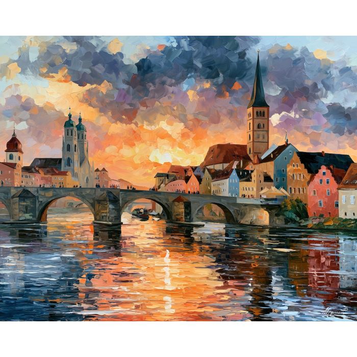 Regensburg painting, Germany bridge art, Danube wall decor, Afremov style oil painting, palette knife cityscape, German old town artwork, colorful river painting, European travel decor, historic bridge wall art, Germany city art