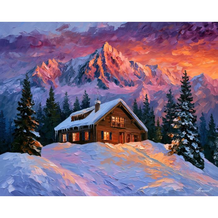 Chamonix painting, French Alps art, alpine chalet wall decor, Afremov style oil painting, palette knife snow landscape, France mountain artwork, colorful winter painting, cozy cabin decor, travel wall art, Alpine landscape painting