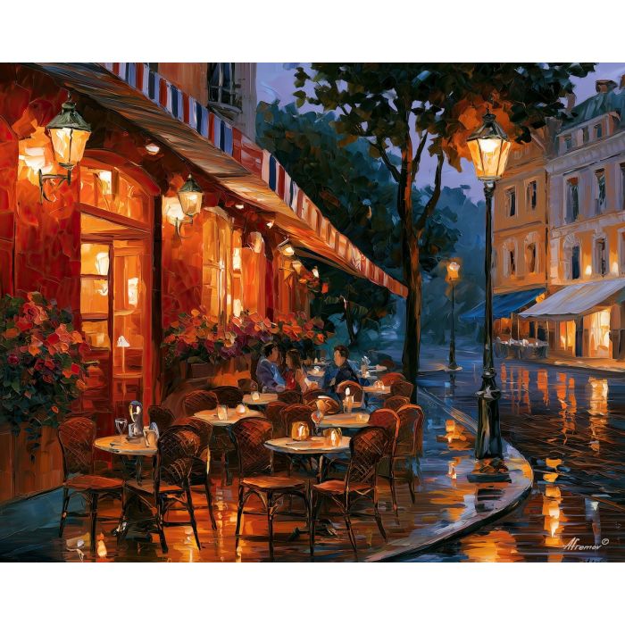 French bistro painting, France cafe art, Afremov style oil painting, Parisian terrace decor, palette knife restaurant artwork, colorful cafe painting, French dining wall art, romantic street scene, European decor, bistro wall art