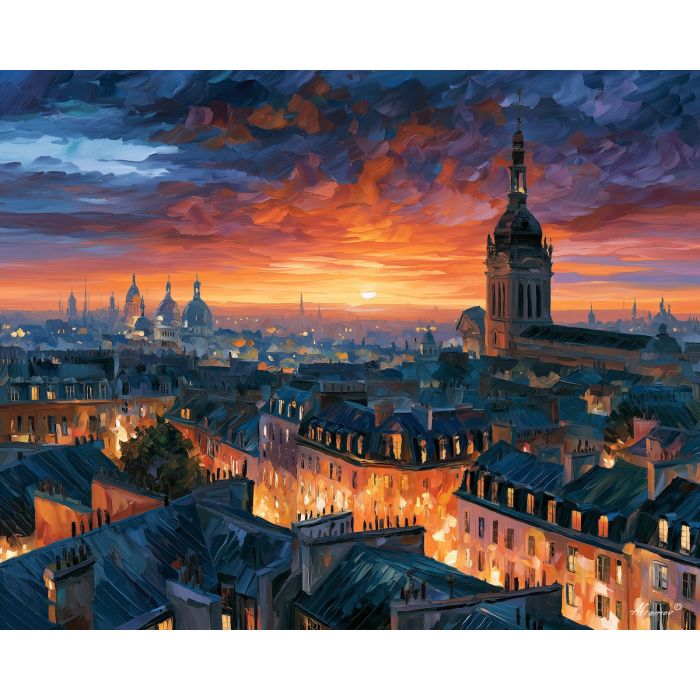 Paris rooftops painting, France cityscape art, Afremov style oil painting, French skyline decor, palette knife dawn artwork, colorful Paris wall art, European city painting, romantic travel decor, rooftop landscape, Paris interior art