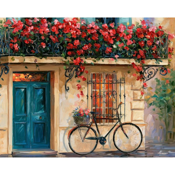 Paris bicycle painting, French balcony art, France wall decor, Afremov style oil painting, palette knife street art, floral Paris painting, romantic wall decor, colorful French artwork, European bicycle art, Paris interior decor