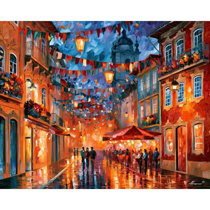 Braga painting, Portugal festival art, Portuguese street decor, Afremov style oil painting, palette knife cityscape, colorful celebration artwork, European festival painting, travel wall decor, lantern street art, Portugal culture painting