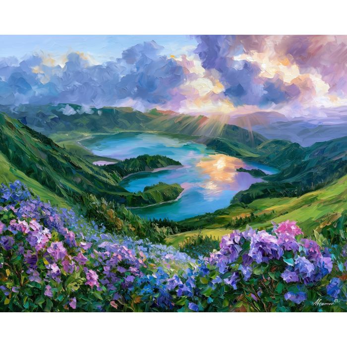 Azores painting, Portugal island landscape, crater lake art, Afremov style oil painting, palette knife nature artwork, volcanic landscape decor, hydrangea painting, colorful lake wall art, Portugal travel decor, island wall art