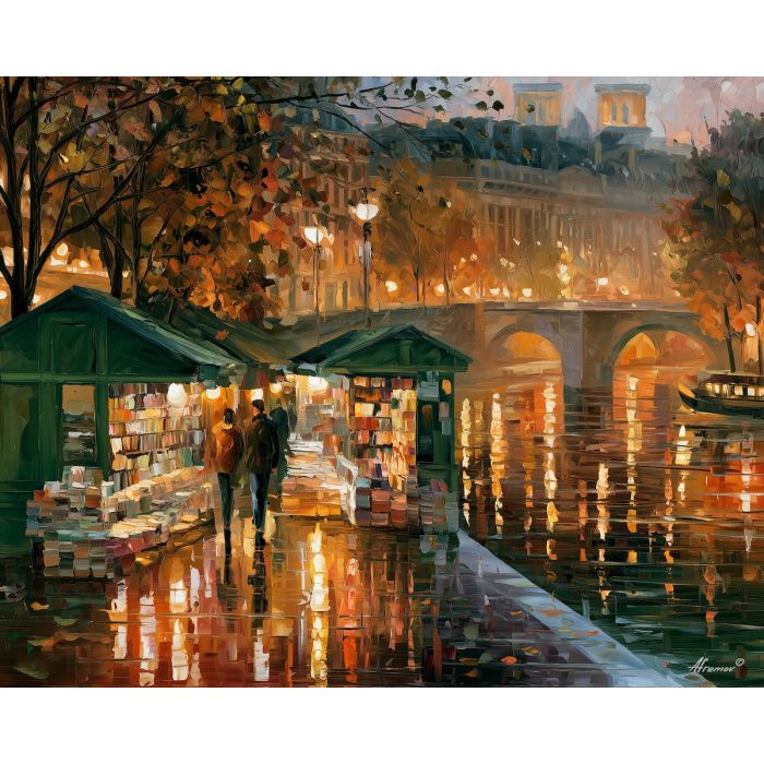 Paris painting, Seine bookstalls art, France wall decor, Afremov style oil painting, Paris book art, palette knife cityscape, French culture painting, colorful Paris artwork, travel wall art, romantic France decor