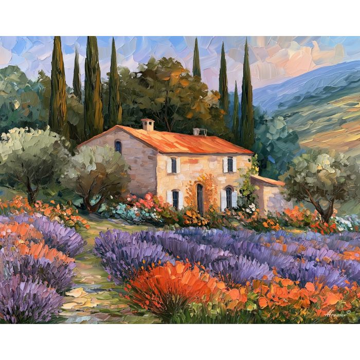 Provence farmhouse painting, France countryside art, Afremov style oil painting, lavender wall decor, French country artwork, palette knife landscape, rustic farmhouse painting, Provence decor, colorful French landscape, Mediterranean wall art