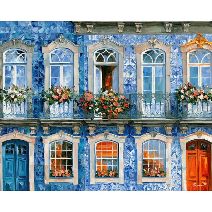 Porto tile painting, Portuguese azulejo art, Portugal architecture decor, Afremov style oil painting, palette knife building art, blue tile wall decor, colorful Porto artwork, European facade painting, travel wall art, Portuguese heritage decor