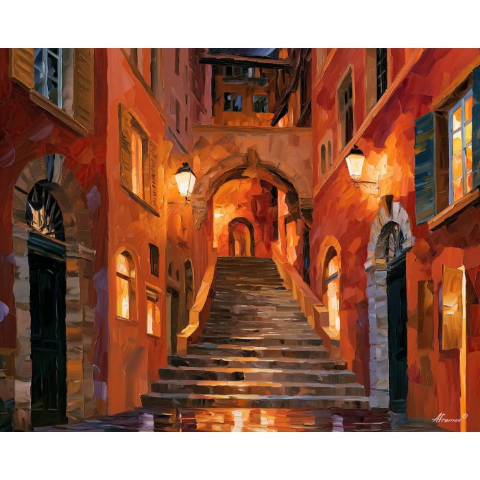 Lyon painting, France old town art, French passageway decor, Afremov style oil painting, palette knife cityscape, Renaissance street artwork, colorful France wall art, European alley painting, travel decor, historic Lyon art