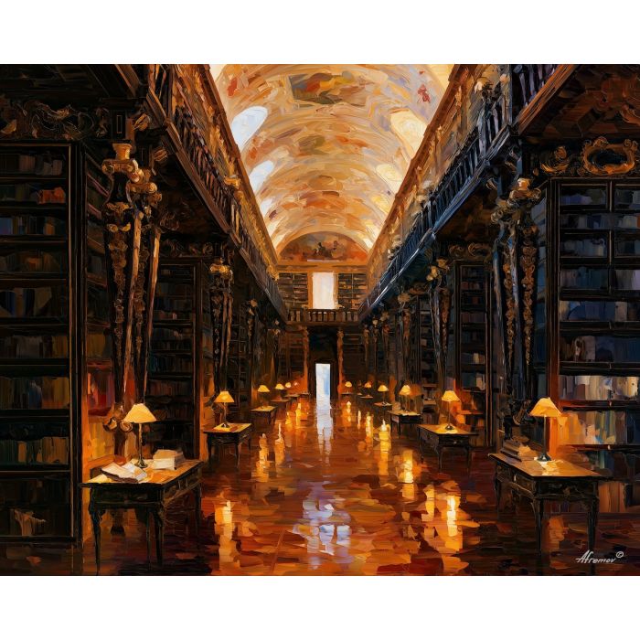 Coimbra library painting, Portugal interior art, historic library decor, Afremov style oil painting, palette knife interior, book lover wall art, Portuguese architecture artwork, academic decor, colorful library painting, study wall art