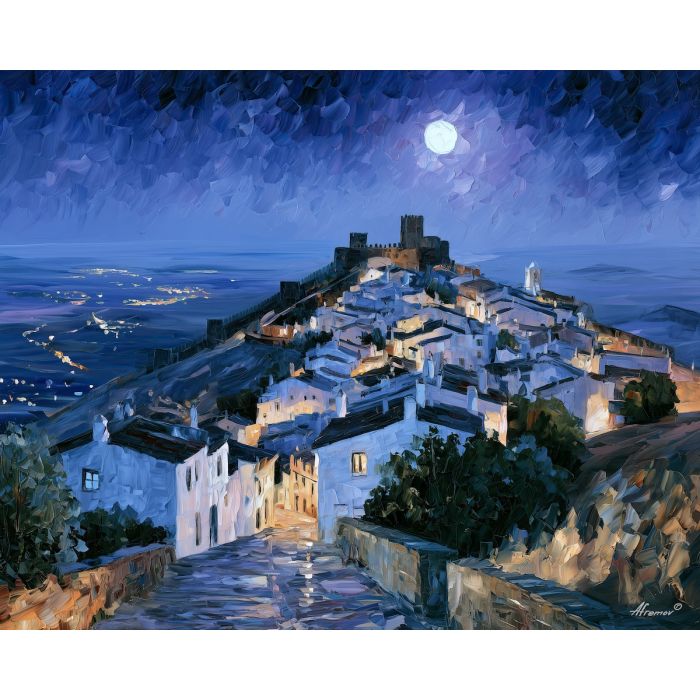 Monsaraz painting, Portugal night landscape, medieval village art, Afremov style oil painting, moonlight wall decor, palette knife nightscape, Alentejo artwork, Portuguese village painting, colorful night art, travel wall decor