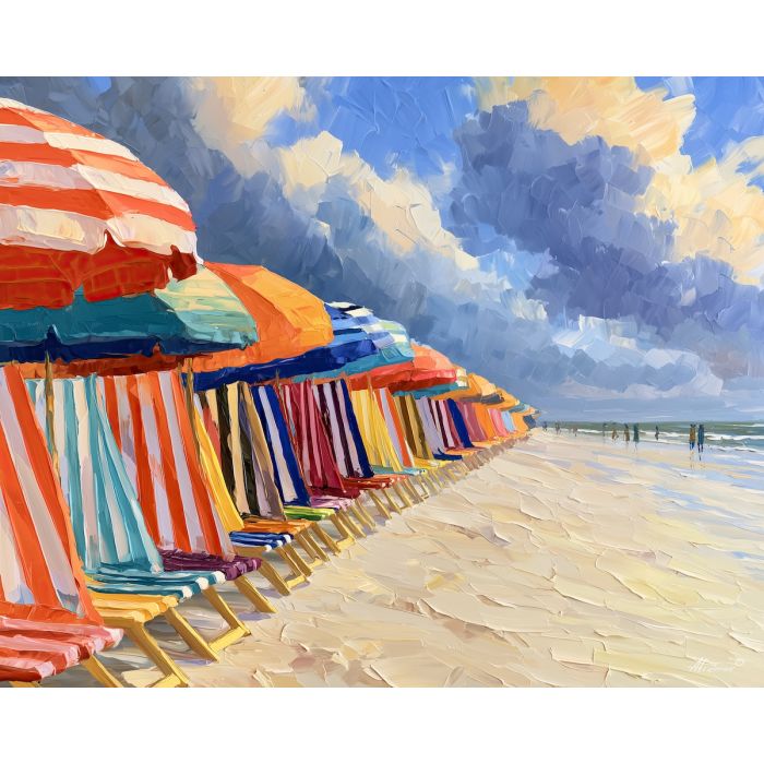Deauville painting, France beach art, colorful parasol wall decor, Afremov style oil painting, Normandy coast artwork, palette knife seascape, French seaside painting, travel wall art, beach decor, colorful coastal art