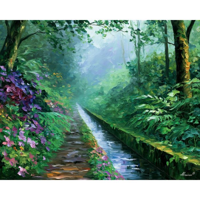 Madeira painting, Portugal island art, levada landscape, Afremov style oil painting, laurel forest artwork, palette knife nature painting, Portuguese travel art, colorful mountain decor, tropical wall art, Madeira landscape painting