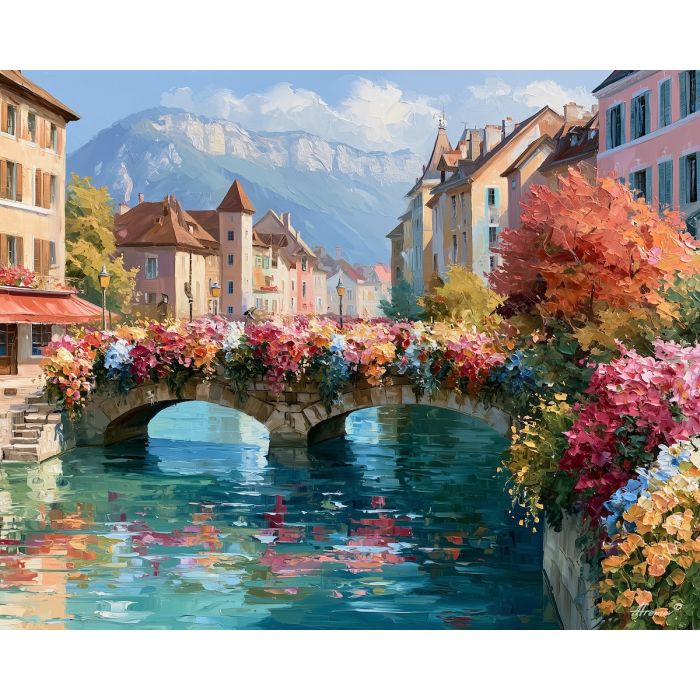 Annecy painting, France canal art, flower bridge painting, Afremov style oil painting, French Alps decor, palette knife cityscape, colorful France artwork, romantic canal wall art, European travel decor, floral landscape painting
