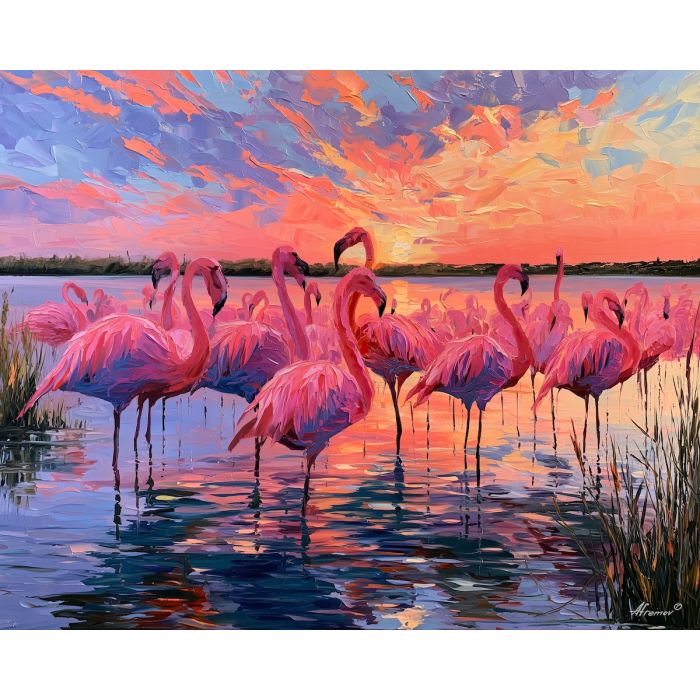 Camargue flamingo painting, France wildlife art, Afremov style oil painting, pink flamingo wall decor, palette knife nature artwork, French wetlands painting, colorful bird art, sunset wildlife decor, travel wall art, marsh landscape painting