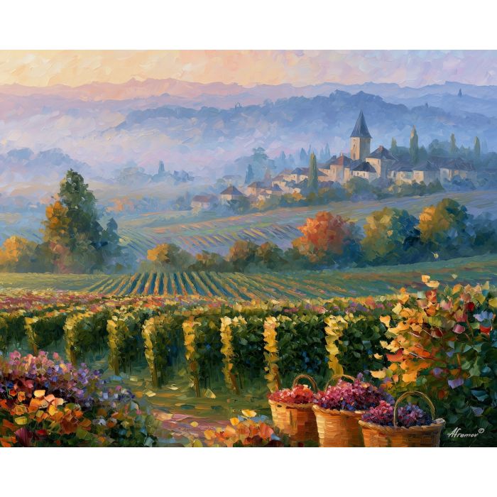 Champagne vineyard painting, France wine country art, Afremov style oil painting, French vineyard decor, palette knife landscape, grape harvest painting, colorful countryside art, wine wall decor, France travel artwork, vineyard landscape
