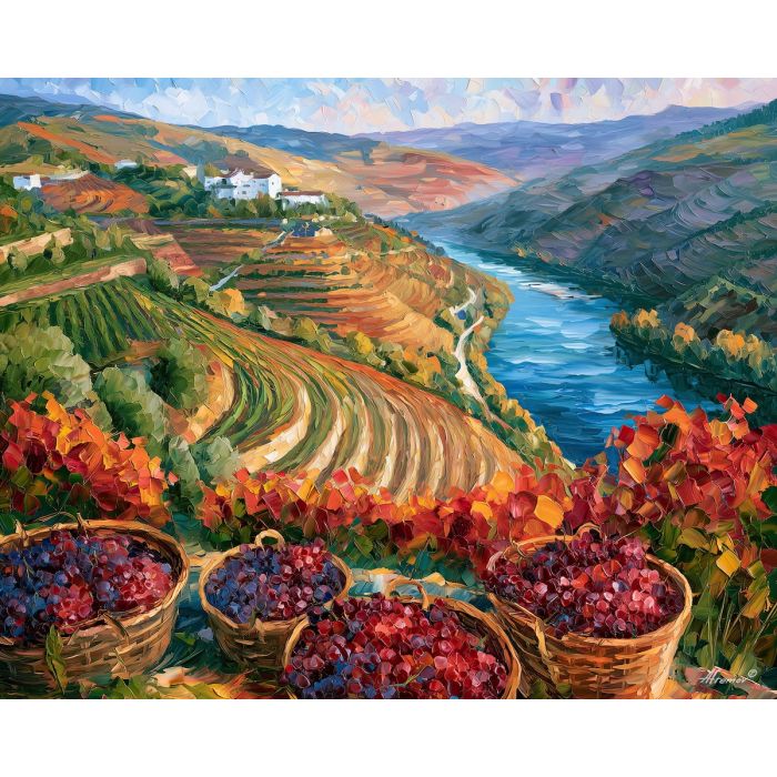 Douro Valley painting, Portugal vineyard art, Portuguese wine country decor, Afremov style oil painting, grape harvest artwork, palette knife landscape, river valley wall art, colorful countryside painting, Portugal travel art, vineyard decor