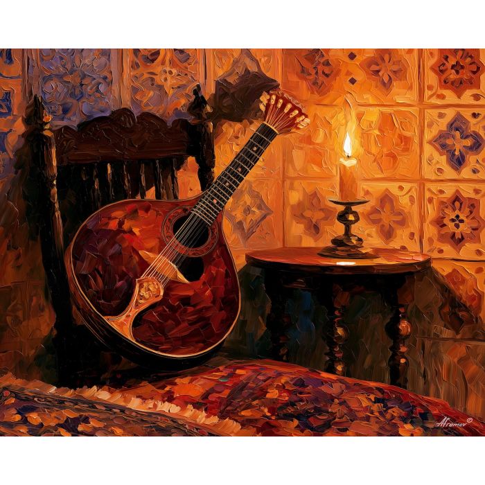 Portuguese guitar painting, Portugal music art, fado decor, Afremov style oil painting, palette knife still life, guitar wall artwork, Lisbon culture decor, musical instrument painting, colorful Portugal art, music room wall decor