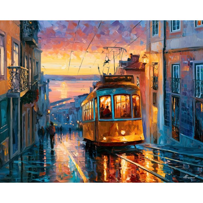 Lisbon tram painting, Portugal wall art, Afremov style oil painting, Portuguese street art, yellow tram artwork, palette knife cityscape, Lisbon decor, colorful Portugal painting, European travel art, cobblestone street painting