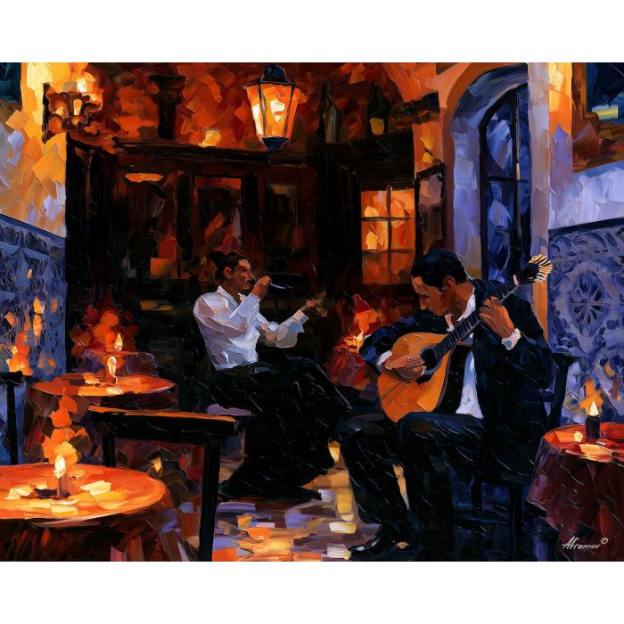 fado painting, Portugal music art, Portuguese tavern decor, Afremov style oil painting, Portuguese guitar artwork, palette knife figure painting, Lisbon nightlife art, cultural wall decor, music room painting, atmospheric Portugal art