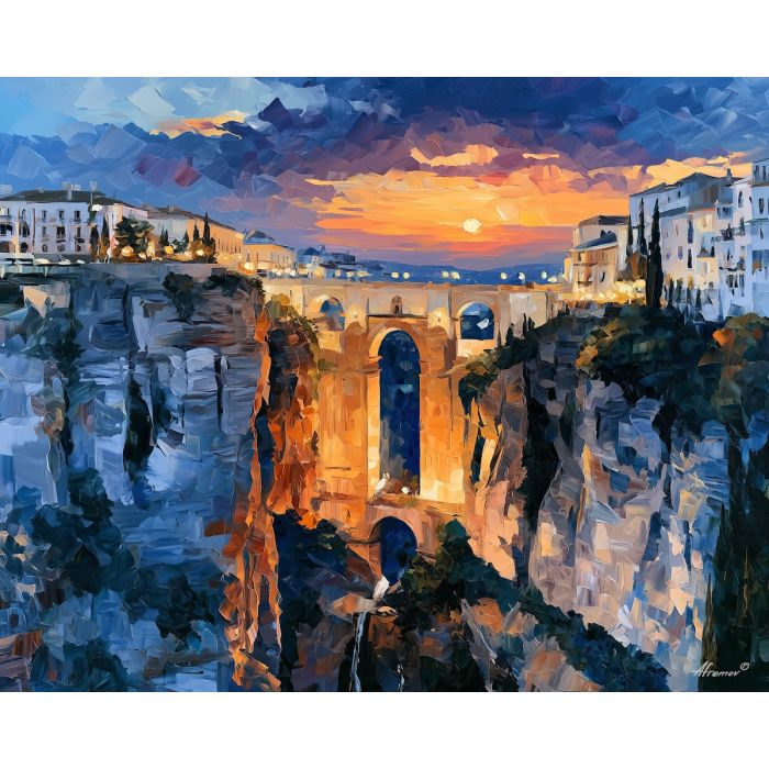 Ronda bridge painting, Spain landscape art, cliffside town decor, Afremov style oil painting, palette knife cityscape, Spanish architecture wall art, dramatic bridge painting, travel wall decor, Andalusian town art, colorful landscape