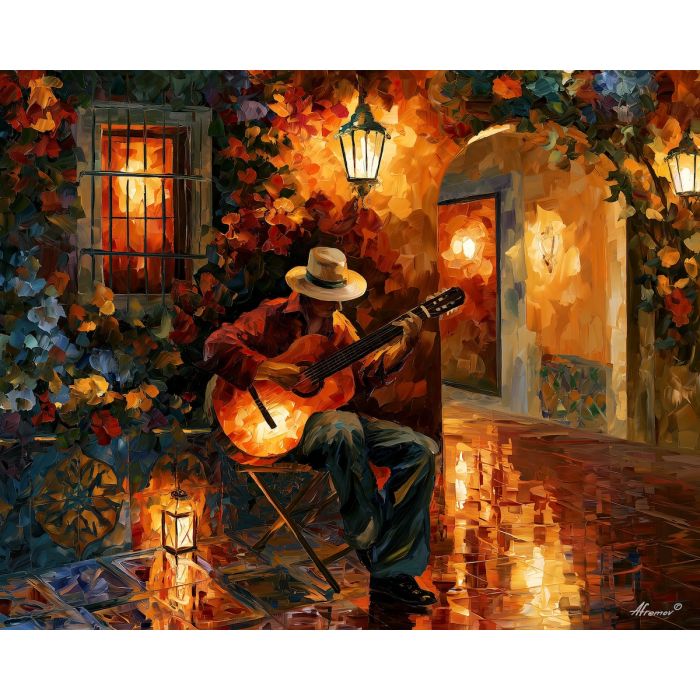 Spanish guitarist painting, flamenco music art, Spain courtyard decor, Afremov style oil painting, palette knife figure art, colorful musician painting, Andalusian wall art, lantern courtyard scene, music room decor, travel inspired artwork