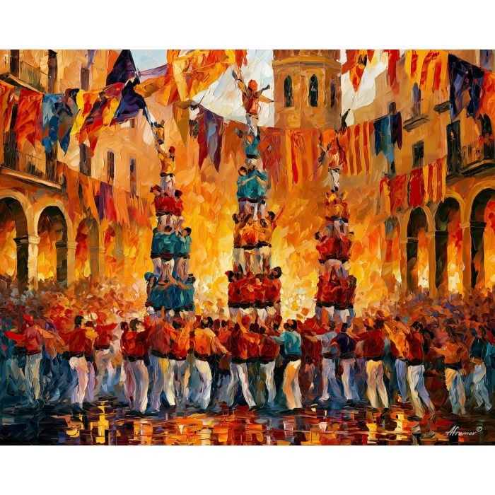 Castellers painting, Spain festival art, Catalan culture wall decor, Afremov style oil painting, palette knife crowd scene, Spanish tradition art, colorful square painting, travel wall decor, lively festival artwork, cultural wall art