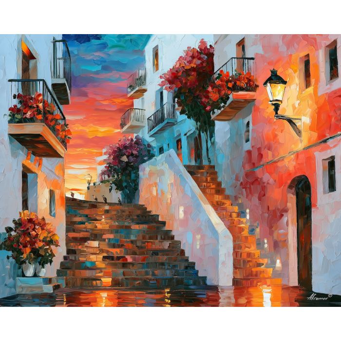 Ibiza painting, Spain old town art, Afremov style oil painting, whitewashed street decor, palette knife sunset painting, colorful Mediterranean artwork, island wall art, travel decor, Spanish coastal town art, floral street painting