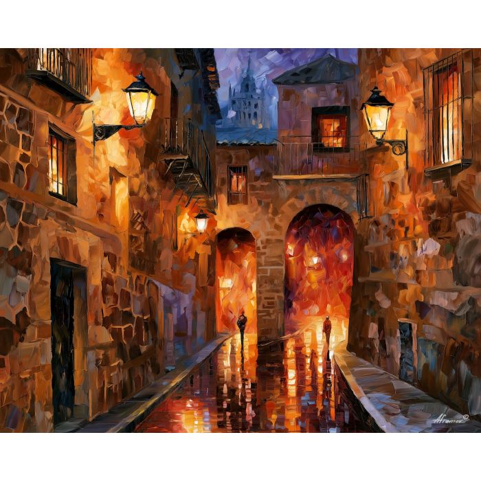 Toledo street painting, Spain historic art, Afremov style oil painting, old city wall decor, palette knife cityscape, Spanish heritage artwork, lantern street painting, colorful travel art, historic Spain decor, atmospheric wall art