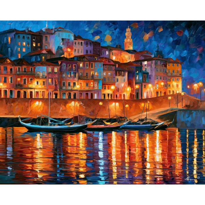 Porto painting, Ribeira wall art, Portugal river artwork, Afremov style oil painting, Douro River decor, palette knife cityscape, colorful Porto art, Portuguese waterfront painting, travel wall decor, evening city art