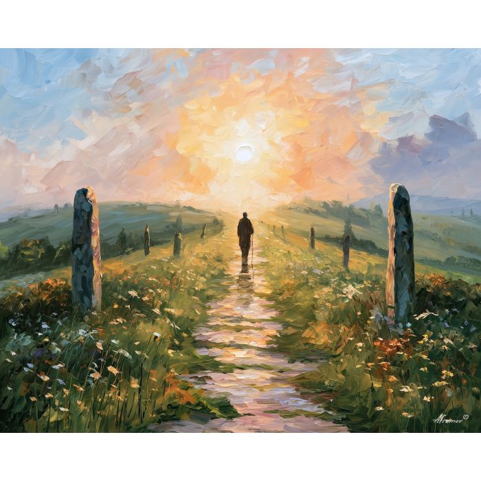 Camino de Santiago painting, Spain pilgrimage art, Afremov style oil painting, rural path wall art, palette knife landscape, spiritual journey decor, colorful countryside painting, travel wall art, pilgrim path artwork, peaceful Spain art