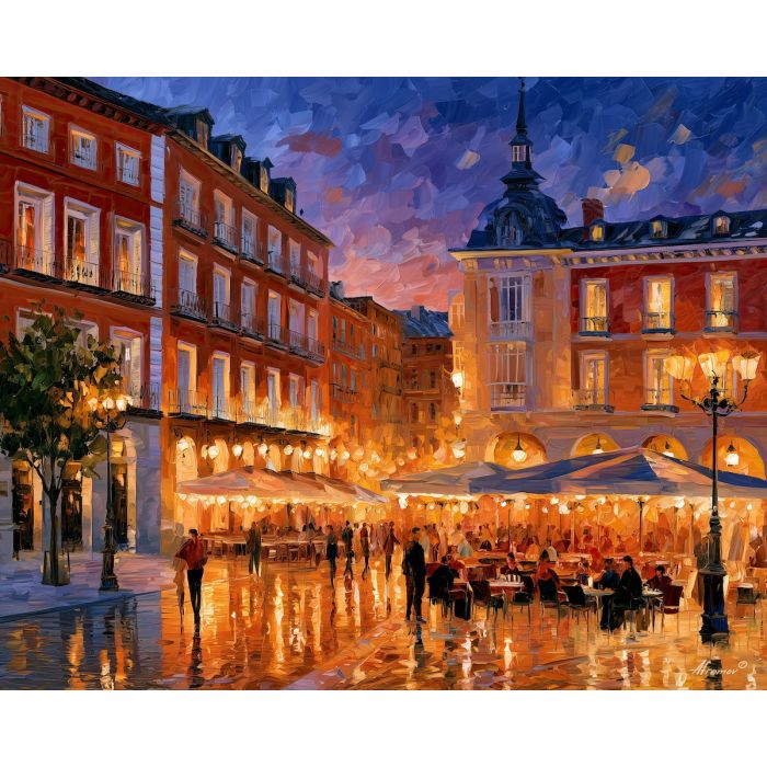 Madrid plaza painting, Spain city art, Afremov style oil painting, café wall decor, palette knife cityscape, Spanish evening artwork, colorful plaza painting, travel decor, cobblestone square art, European wall art