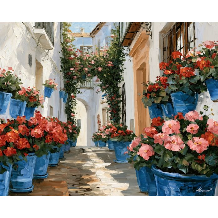 Cordoba alley painting, Spain floral art, Afremov style oil painting, white village decor, flower pot wall art, palette knife Spain painting, colorful alley artwork, Mediterranean wall decor, Andalusian art, travel painting