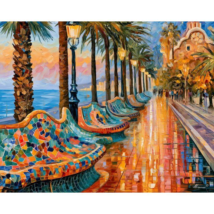 Barcelona painting, mosaic art, Spain wall decor, Afremov style oil painting, Mediterranean city art, palette knife painting, colorful promenade artwork, Spanish travel decor, palm tree wall art, vibrant cityscape painting
