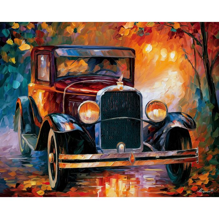1928, desoto, model k, afremov style old car, close up car painting, palette knife art, garden road and colorful leaves, colorful background, vintage automobile art, 5:4 painting
