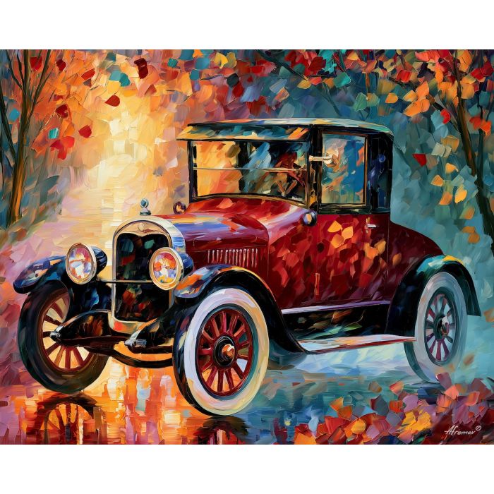 1918, oakland, model 34b, afremov style old car, close up car painting, palette knife art, garden road and colorful leaves, colorful background, vintage automobile art, 5:4 painting