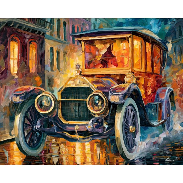 1907, thomas, flyer, afremov style old car, close up car painting, palette knife art, rainy city reflections and warm windows, colorful background, vintage automobile art, 5:4 painting