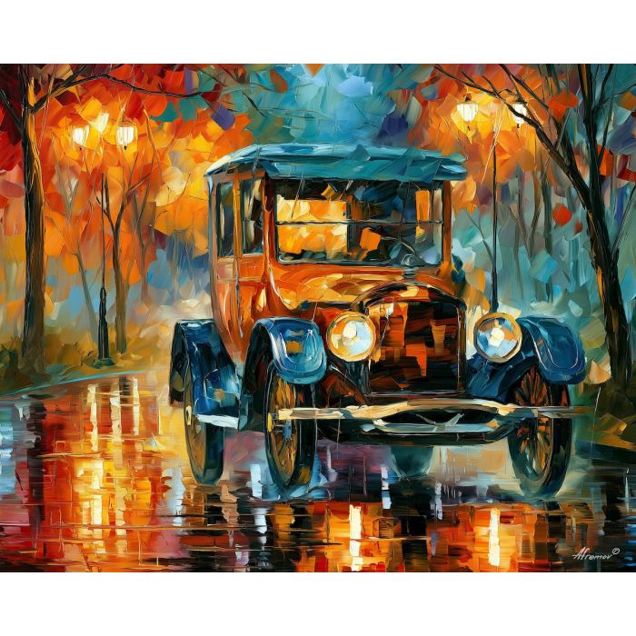 1919, maxwell, 25, afremov style old car, close up car painting, palette knife art, night park reflections and glowing lamps, colorful background, vintage automobile art, 5:4 painting