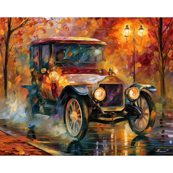 1906, darracq, 15 hp, afremov style old car, close up car painting, palette knife art, night park reflections and glowing lamps, colorful background, vintage automobile art, 5:4 painting