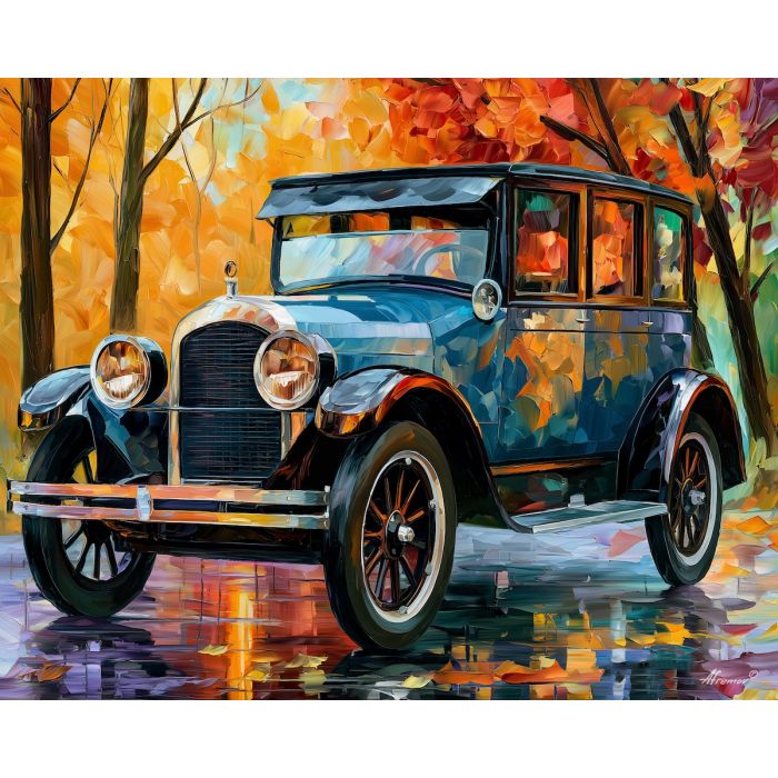 1921, hudson, super six, afremov style old car, close up car painting, palette knife art, autumn boulevard color, colorful background, vintage automobile art, 5:4 painting