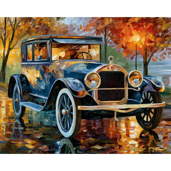 1916, saxon, six, afremov style old car, close up car painting, palette knife art, riverside promenade and reflections, colorful background, vintage automobile art, 5:4 painting