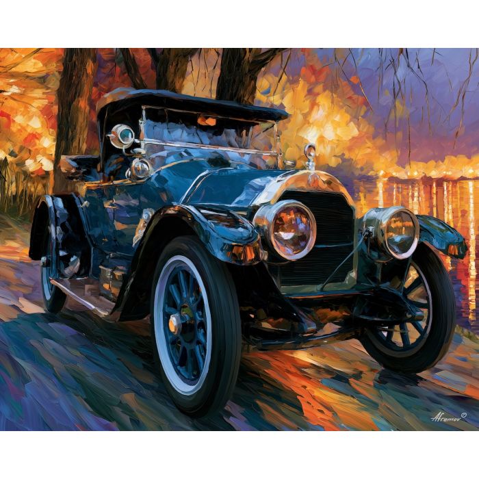 1913, simplex, 50 hp, afremov style old car, close up car painting, palette knife art, lakeside reflections and vivid trees, colorful background, vintage automobile art, 5:4 painting