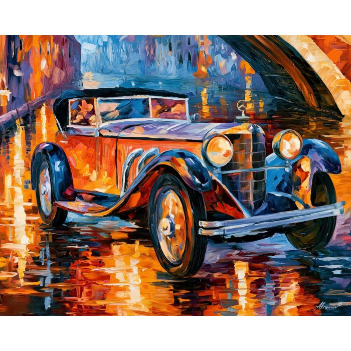 1928, mercedes-benz, s-type, afremov style old car, close up car painting, palette knife art, canal shimmer and architecture, colorful background, vintage automobile art, 5:4 painting