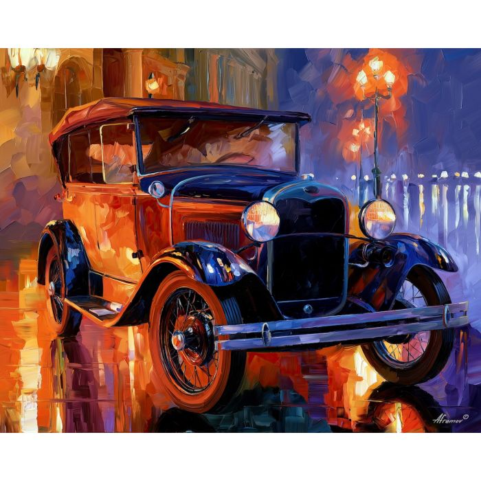 1930, ford, model a phaeton, afremov style old car, close up car painting, palette knife art, waterfront lights and broad reflections, colorful background, vintage automobile art, 5:4 painting